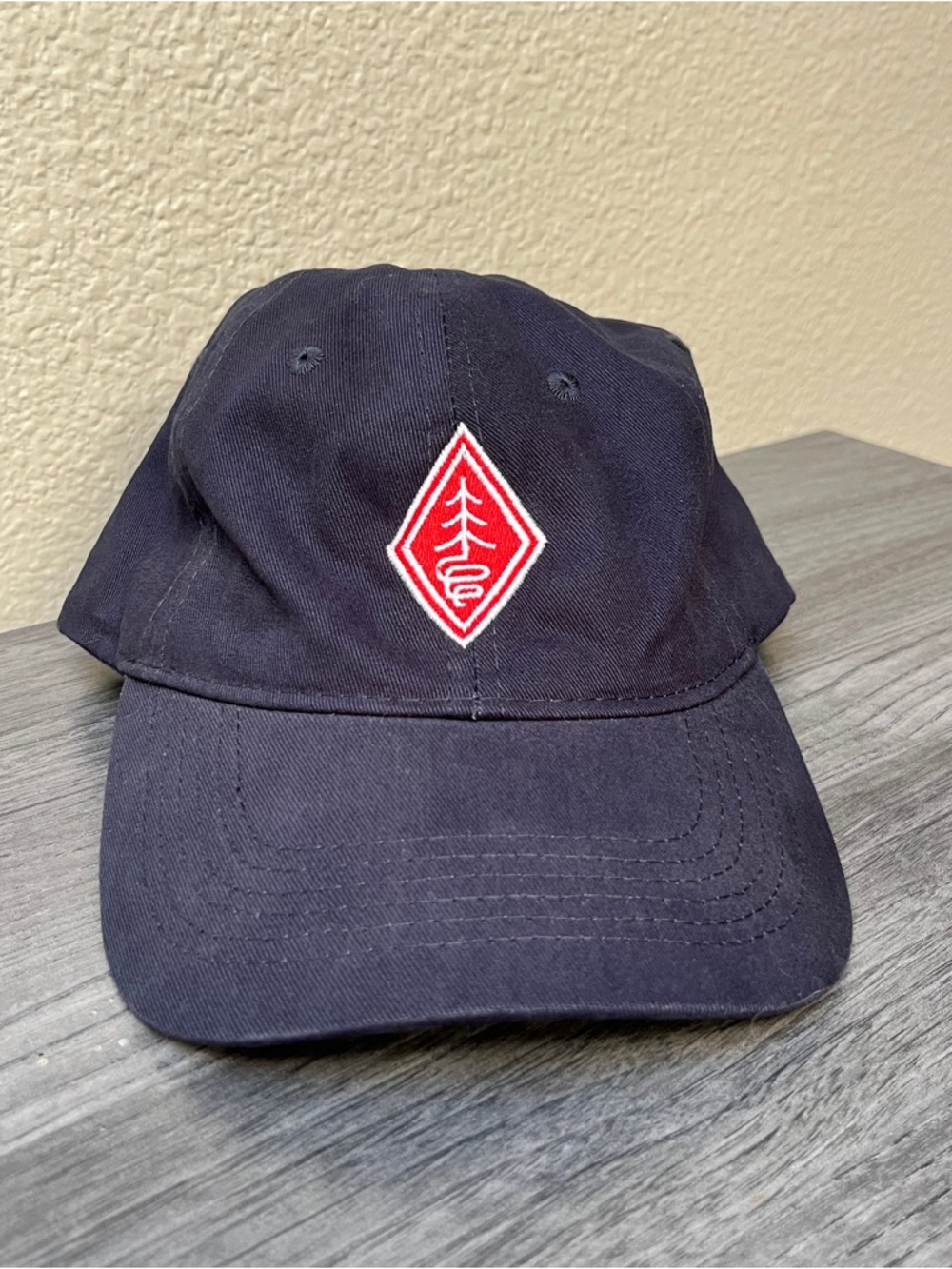 NWOT Westland Whiskey Navy Cotton Baseball Cap with Red Tree Emblem